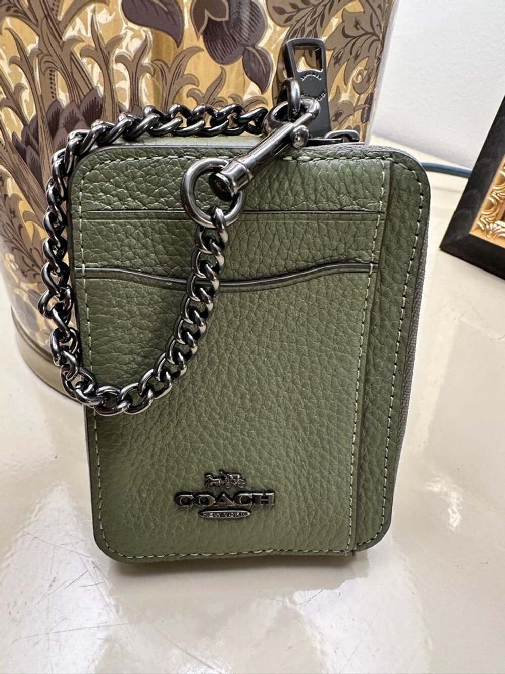 Coach Zip Card Case Sage Green, Leather With Chain